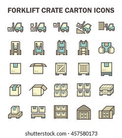 Forklift vector icon. May called fork or lift truck. Include stack of wood crate, cardboard box on pallet for industry i.e. storage, distribution warehouse. Also freight transport, logistic, shipping.