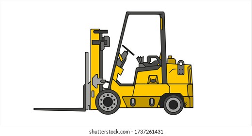 Ilustración vectorial del elevador de la horquilla. Vista lateral, estilo de dibujos animados.