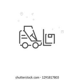 Forklift Vector Line Icon. Warehouse Symbol, Pictogram, Sign. Light Abstract Geometric Background. Editable Stroke. Adjust Line Weight. Design with Pixel Perfection.