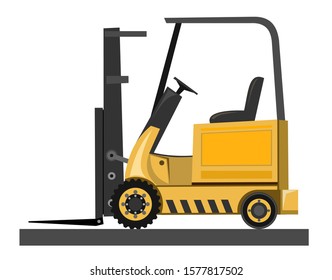 Forklift. Vector. Loading boxes, bricks, stones, barrels, cardboard packaging, bags, cement. Pallets for freight. Loader. Wooden pallets. Loading and unloading at the warehouse. Loader for logistics.