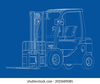 Forklift Vector rendering of 3d. Wire-frame style. The layers of visible and invisible lines are separated. Orthography
