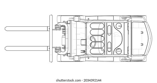 Gabelstapler-Vektorgrafik von 3d. Wire-Frame-Stil. Die Schichten sichtbarer und unsichtbarer Linien sind getrennt. Orthographie