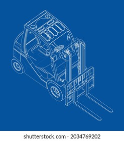 Forklift Vector rendering of 3d. Wire-frame style. The layers of visible and invisible lines are separated. Orthography