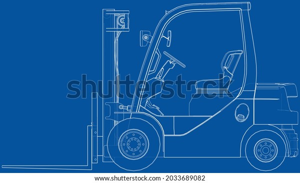 Forklift\
Vector rendering of 3d. Wire-frame style. The layers of visible and\
invisible lines are separated.\
Orthography