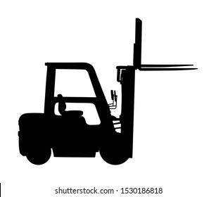 Forklift vector silhouette, heavy loader. Cargo from warehouse to truck. Storage equipment racks, pallets with goods. shipping and transportation concept. Lift truck vehicle for construction site.