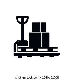 Forklift vector silhouette, heavy loader. Cargo from warehouse to truck. Storage equipment racks, pallets with goods. shipping and transportation concept. 