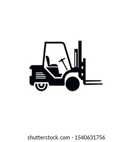 Forklift vector silhouette, heavy loader. Cargo from warehouse to truck. Storage equipment racks, pallets with goods. shipping and transportation concept. 