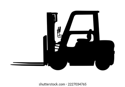 Forklift vector silhouette, heavy loader. Cargo from warehouse to truck. Storage equipment racks, pallets with goods. shipping and transportation concept. Lift truck vehicle for construction site.
