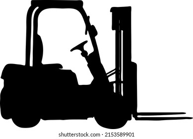 Forklift vector silhouette, isolated on white background, fill with black color forklift, shadow idea, factory vehicle concept