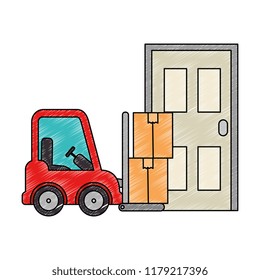 forklift vehicle with boxes and door