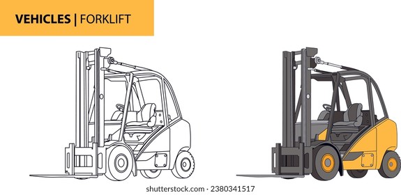 Vehículo elevador de horquilla para uso industrial y de construcción, arte de línea y color. 