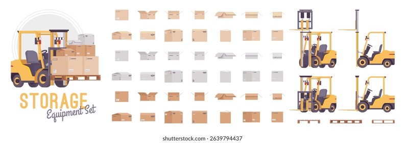 Forklift vehicle lifting moving heavy cardboard parcel box pallets set. Storage rearrange, organize inventory in warehouse items, goods purchased pack, shipping, mailing package. Vector illustration
