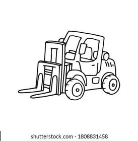 Forklift vehicle outline drawing and single icon, hand drawn black and white illustration. Single loading and unloading machine hand made original and simple logo. Cargo lifter silhouette decoration.