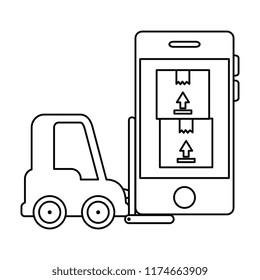 forklift vehicle with smartphone and boxes