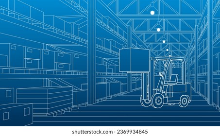 Forklift and warehouse. Automatic stock storage, modern distribution building, ecommerce warehouse, digital logistics, smart package hardware, AI delivery system, innovation in cargo