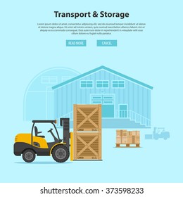 Forklift with Warehouse building and Cargo in Flat style icons. Vector Concept for Brochure, Web Site and Printing Advertising on theme Transport and Storage goods.