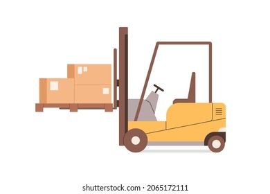 Forklift, warehouse equipment for lifting boxed, loading cardboards on pallets. Fork lift with carton parcels. Stockroom loader for cargo. Flat vector illustration isolated on white background