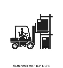 Forklift Warehouse Icon - Freight Packaging Loader Silhouette With Driver - Monochrome Vector Truck Sign