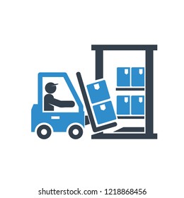 forklift in warehouse icon on white background