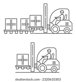 Forklift warehouse pallet loader - freight shelf stack packaging machine silhouette with driver - vector truck illustration in thin line