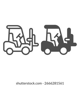Carretilla elevadora, línea de camión de almacén e ícono sólido, concepto de logística de fabricación, vehículo de elevación, signo de transporte sobre fondo blanco, ícono de estilo de contorno para móvil y Diseño web. Gráficos de Vector