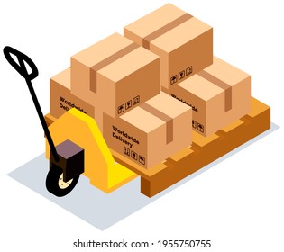 Forklift without driver vector illustration, carriage of cardboard boxes with gift inside