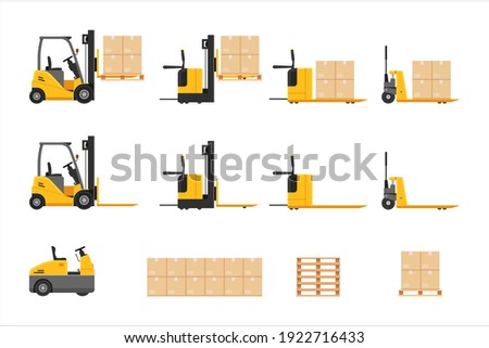 Forklift at work set with parcel stacking cardboard box rack depot and warehouse storage, merchandise, shipment and logistic management vector illustration isolated on white background