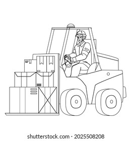 Forklift Worker Driving Truck In Warehouse Black Line Pencil Drawing Vector. Forklift Driver Transportation And Storage Loading Cardboard Boxes. Character Operator Man Shipping Containers Illustration