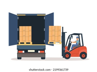 Forklift worker unloads truck. Vector illustration.