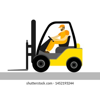 Forklift with a worker. Vector illustration in flat style.
