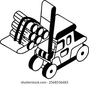 Forklift Working in Log Yards isometric concept, high-stacking capability vehicle vector outline design, firewood or crafts Symbol, forest Deforestation products Sign,Lumberyard stock illustration