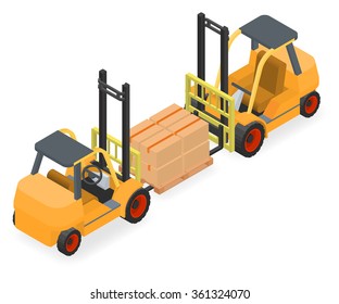 Forklifts elevate the pallet with cardboard boxes - two isometric views vector illustration