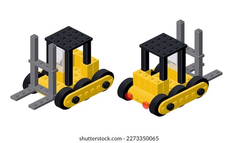 Forklifts made of plastic blocks in isometric style for print and design. Vector illustration.