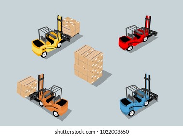 Forklifts and postal goods, isometric view concept vector illustration.