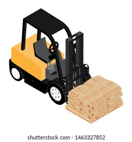 Forklifts, Reliable Heavy Loader, Truck Transporting Cargo Cement Bags On Wooden Pallet. Heavy Duty Equipment Isolated On White Background Isometric View