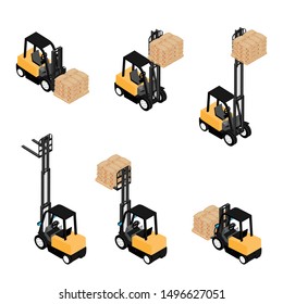 Forklifts, reliable heavy loader, truck transporting cargo cement bags on wooden pallet. Heavy duty equipment isolated on white background isometric view