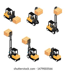 Forklifts, reliable heavy loaders, trucks transporting cargo cardboard boxes. Heavy duty equipment isolated on white background isometric view