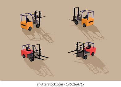 Forklifts for use in industrial plants or warehouses. Perspective perspective of a forklift. Vector illustration.