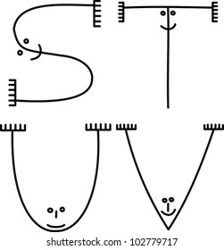 Forkman Font - s-t:  Alphabet created with simple forks and cute faces shaped to make letters