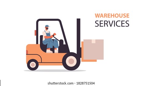 forkplift driver loading cardboard boxes in warehouse product goods shipping delivery service concept horizontal isolated vector illustration