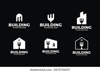 Forks and building logo design for restaurant template vector illustration idea