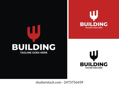 Forks and building logo design for restaurant template vector illustration idea