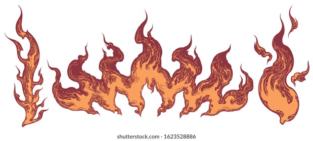 Forks of flame. Design set. Art detailed editable illustration. Vector vintage engraving. Isolated on white background. 8 EPS