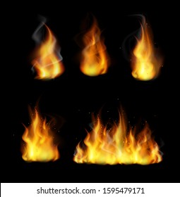 Forks of flame realistic 3d vector illustrations set. Burning yellow bonfire with bright sparks collection isolated on black background. Fireflames collection. Blazing, flaring, ignition.