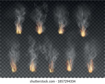 Forks of flame realistic set. Burning collection isolated on transparent background