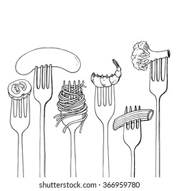 forks with foods, spaghetti,broccoli,sausage and shrimp, hand drawn vector illustration