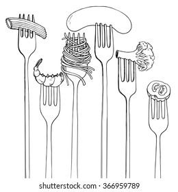 forks with foods, spaghetti,broccoli,sausage and shrimp, hand drawn vector illustration