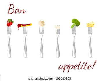 forks with pieces of food - strawberry, cheese, pasta, chips, mushroom and broccoli