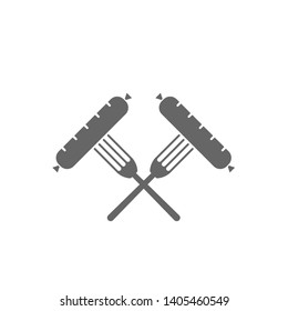 Forks with sausages icon. BBQ ana barbecue concept symbol