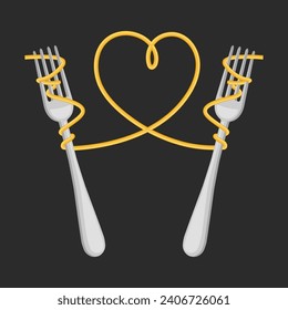 Forks with spaghetti and a heart of pasta on a dark background. Food logo, restaurant menu. Vector